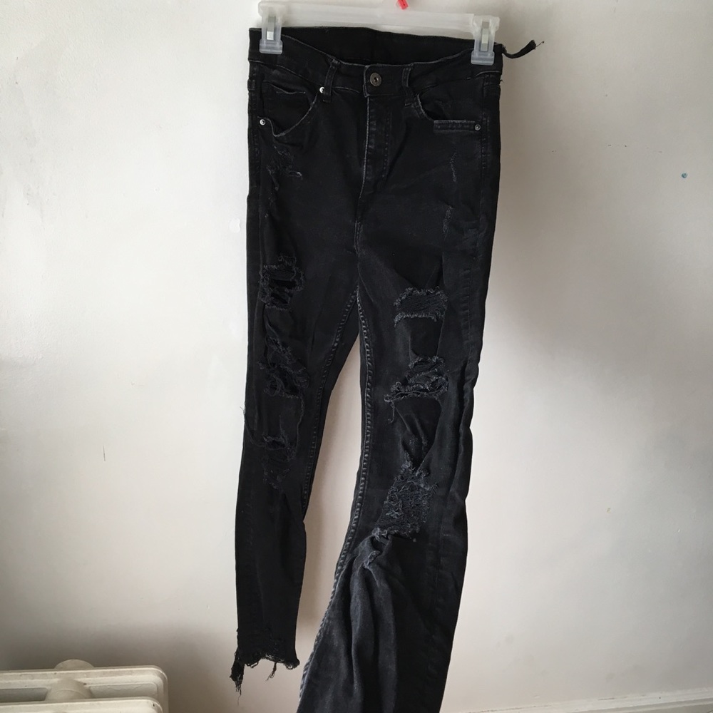 Skinny Ankle High Waist Ripped Black Pants